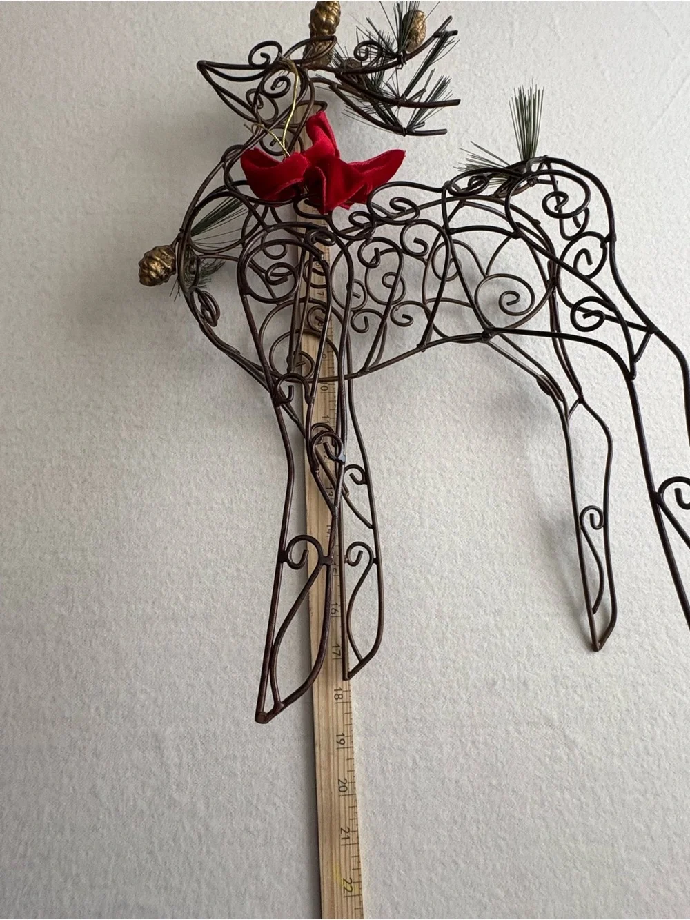 Home Interiors Brown Wire Reindeer Pair with Red Bows and Gold Pinecones